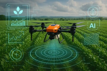 Orange drone flying over green agricultural field with futuristic interface agriculture