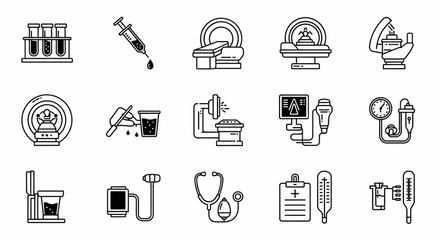 Diagnostic Tests and Medical Procedures Line Icon Set – Bloodwork, Imaging, Sample Collection, Health Assessment Thin Linear Vector Illustration

