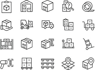 Warehouse inventory vector icon set black silhouette print design