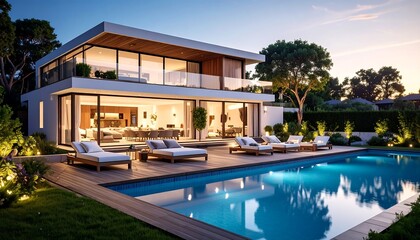 Obraz premium Modern luxury home by a pool at twilight