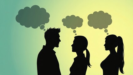 Silhouettes of people with thought bubbles.