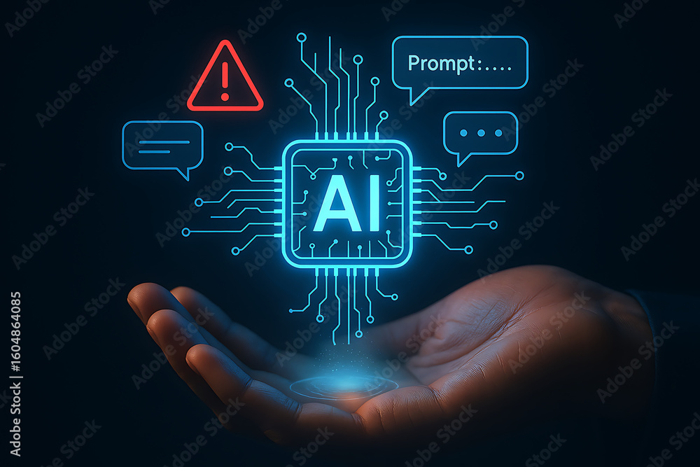 Poster artificial intelligence microchip glowing in hand with prompt bubbles and warning sign representing 