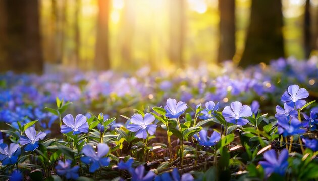 springtime periwinkle flowers blanket a forest floor in blue hues under golden sunlight