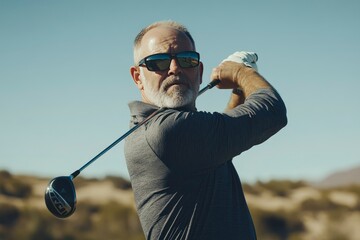 Active lifestyle – middle-aged man playing golf, focused and energetic