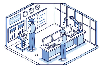 Isometric view of two workers in a control room with monitors and robotic arm and wall displays