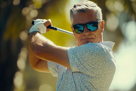 Stylish middle-aged man playing golf – intense swing in bright summer light