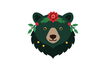 Strong bear head illustration with floral wreath of snow covered branches design