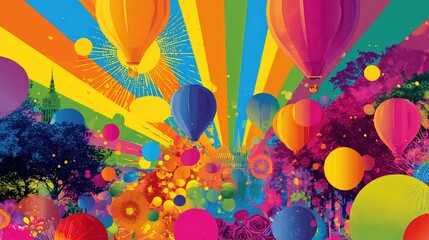 a vibrant and lively scene filled with colorful balloons in various sizes and shapes, creating a festive atmosphere against a background that seems to be colored brightly