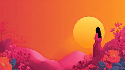 a tranquil sunset scene with a silhouette of a person standing amidst a field of flowers