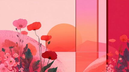 a digital artwork with a dreamlike quality. it features an illuminated scene at sunset or sunrise, characterized by a vibrant pink sky