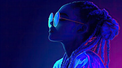 an artistic portrait of a person. the individual appears to be wearing sunglasses with a reflective surface that captures their face. they have long hair and seem to be gazing outward