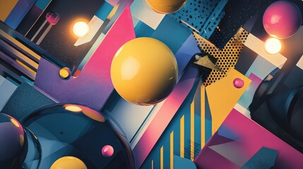 an abstract art piece with a vibrant color scheme featuring spheres, geometric shapes, and lines that create a sense of depth and complexity