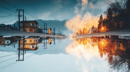 a reflection captured in a mirror, showing a serene rural landscape. a small village with houses nestles near a body of water, which could be a lake or a river