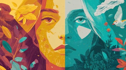 the image is a vibrant collage of four distinct sections, each telling its own story. on the left side, a woman's face emerges from what appears to be a lush garden, her eyes wide and inviting