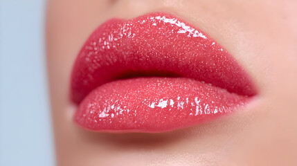 Glossy pink lips with shimmering texture in a close-up beauty shot, evoking a sensual, polished look ideal for makeup ads or cosmetic branding.