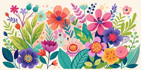 Colorful spring flowers with butterflies create a seamless floral pattern design illustration