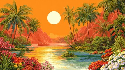 this is an illustration depicting a tropical scene with palm trees, a sunset, and a serene lagoon surrounded by dense foliage with bright flowers