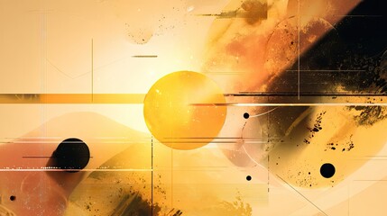 an abstract digital artwork featuring a vibrant blend of geometric shapes, sunlike forms, and a multitude of lines that create a sense of depth and dimension