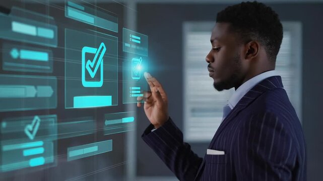 Dynamic businessman interacting with futuristic interface and data visualizations for innovative project management and digital workflow automation solutions