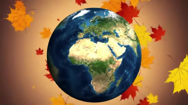 Earth globe surrounded by colorful autumn leaves for Thanksgiving  