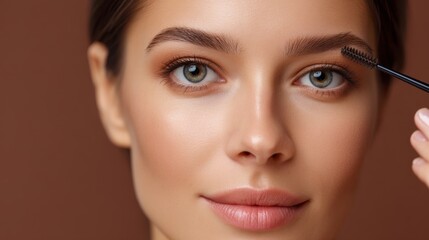 Fototapeta premium Close-Up of a Young Woman Grooming Her Eyebrows with a Brush on a Neutral Background