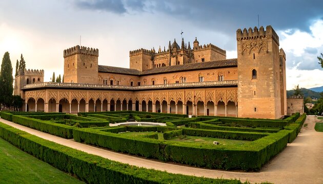 Panoramic view of a historic palace complex with manicured gardens