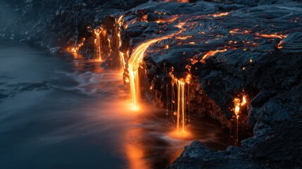 Molten lava flows into dark water