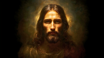 A Christian image featuring Jesus Christ God, Jesus Christ with a beard and long hair, a devout face.
