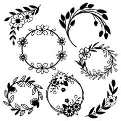 Hand-Drawn Floral Wreaths and Borders Vector Set