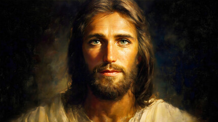 A painting of Jesus Christ made on canvas with vibrant colors, Christian art.
