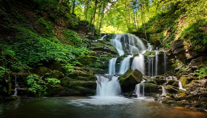 Fototapeta premium enchanting waterfalls cascade through lush greenery in a tranquil forest amidst a narrow gorge rusyliv falls ukraine europe