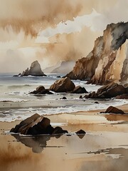 Watercolor Painting of a Rocky Seaside Landscape