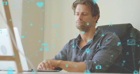 Man typing at laptop and activating swirling turquoise tech icons representing data processing - Powered by Adobe