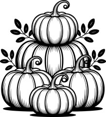 Black and white vector illustration of perfectly stacked pumpkins with curved stems, autumn leaves, and bold outlines in cozy farmhouse silhouette style on white background