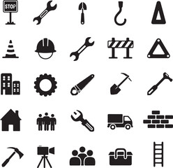 Obraz premium Construction Tools and Equipment Represented in a Black and White Graphic Design with Varying Icons and Symbols
