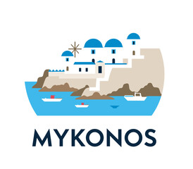 Naklejka premium Modern vector of Mykonos with white houses, blue domes, cliffs and boats floating in turquoise sea