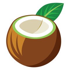 A vibrant realistic illustration of a whole coconut with a cracked shell revealing its white flesh and water isolated on white background