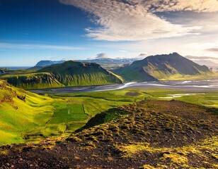 typical icelandic untouched terrain with remote mountain ranges location place vik i myrdal southern iceland europe