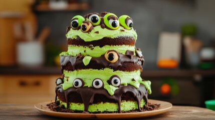 Green layered cake, swamp-themed edible decorations, creamy matcha pistachio frosting, rich smooth texture, ugly quirky design, funny troll cake, kids birthday party, Halloween dessert