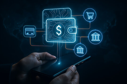 Digital wallet icon with dollar sign connecting payment methods and financial institutions over smartphone in futuristic virtual banking financial transaction concept