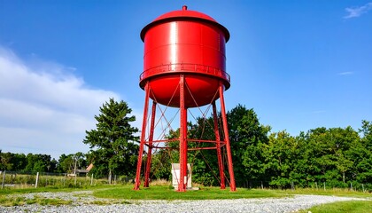 Red water tower on a sunny day