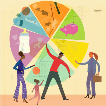 Young family discussing household expenditure pie chart with financial adviser
