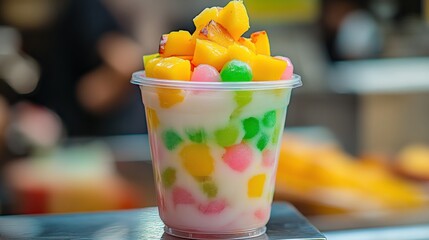 Vibrant Sago dessert, clear bowl cup, coconut milk base, colorful jelly pearls pink green yellow, fresh fruit, street food stall counter, Asian trendy treat, tapioca