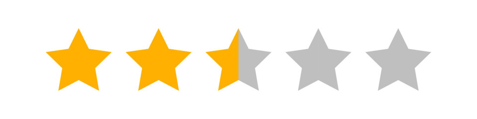 Obraz premium Row of five stars showing two full orange stars and one half gray star, representing a 2.5 out of 5 average rating used in reviews, feedback, and product performance evaluation