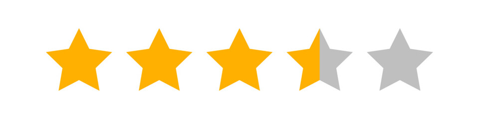 Row of five stars showing three full orange stars and one half gray, representing a 3.5 out of 5 rating used in customer reviews, feedback scores, and product evaluations