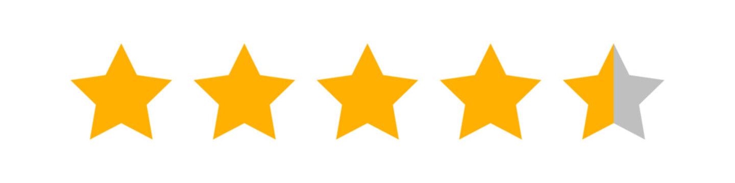 Row of five stars showing four full orange stars and one half gray, representing a 4.5 out of 5 rating for excellent customer feedback, high satisfaction, or quality review scores
