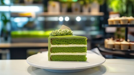 Matcha green cake, pistachio paste, smooth texture, creamy layered sponge filling, minimalist aesthetic, white ceramic plate, coffee shop dessert, café menu, Japanese-inspired, vegan option