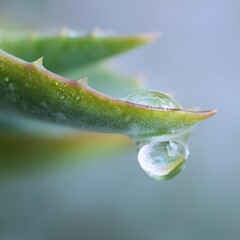 Delicate water droplet clinging to succulent leaf.