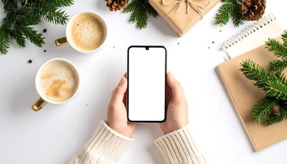 Hands holding a phone, surrounded by Christmas decorations