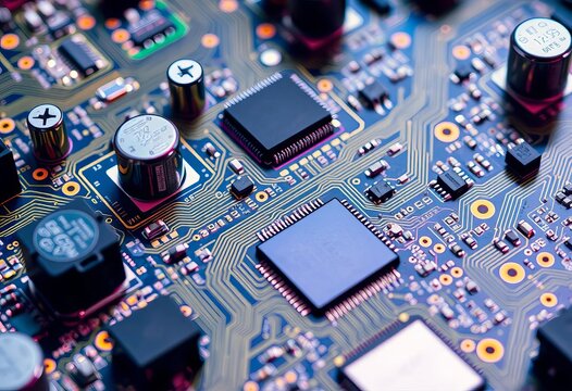 Close-up of intricate circuit board components, silicon, circuit